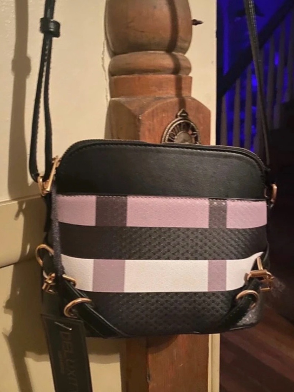 Compact Black and Light Pink Crossbody Bag with Stripe Detail